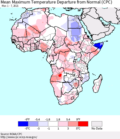 Africa Maximum Temperature Departure From Normal (CPC) Thematic Map For 3/1/2021 - 3/7/2021