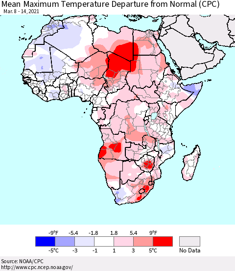 Africa Mean Maximum Temperature Departure from Normal (CPC) Thematic Map For 3/8/2021 - 3/14/2021