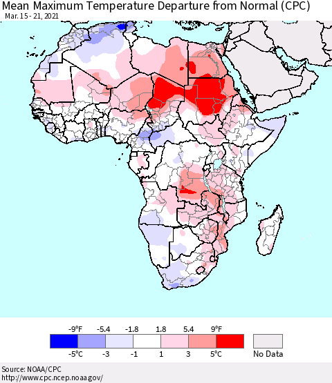 Africa Maximum Temperature Departure From Normal (CPC) Thematic Map For 3/15/2021 - 3/21/2021