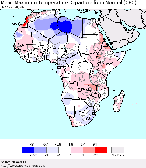 Africa Mean Maximum Temperature Departure from Normal (CPC) Thematic Map For 3/22/2021 - 3/28/2021