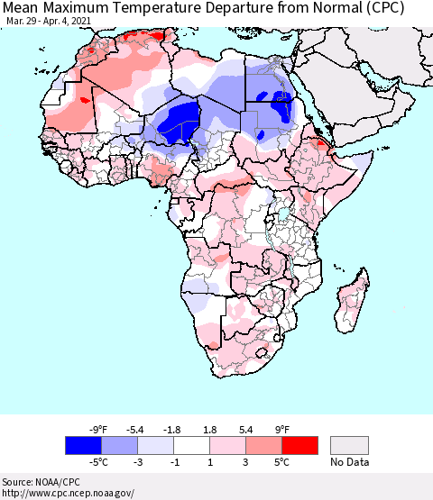 Africa Mean Maximum Temperature Departure from Normal (CPC) Thematic Map For 3/29/2021 - 4/4/2021