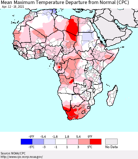 Africa Mean Maximum Temperature Departure from Normal (CPC) Thematic Map For 4/12/2021 - 4/18/2021