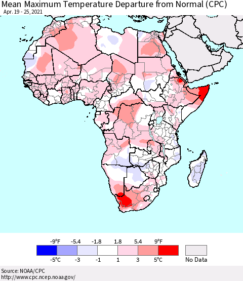 Africa Mean Maximum Temperature Departure from Normal (CPC) Thematic Map For 4/19/2021 - 4/25/2021