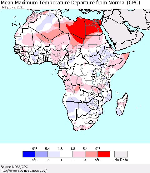 Africa Mean Maximum Temperature Departure from Normal (CPC) Thematic Map For 5/3/2021 - 5/9/2021