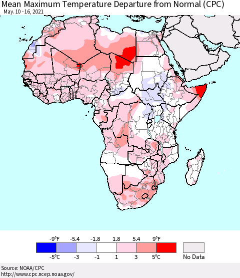 Africa Mean Maximum Temperature Departure from Normal (CPC) Thematic Map For 5/10/2021 - 5/16/2021