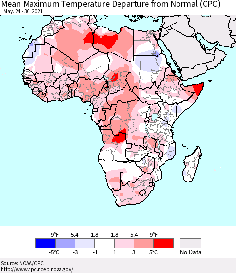 Africa Mean Maximum Temperature Departure from Normal (CPC) Thematic Map For 5/24/2021 - 5/30/2021