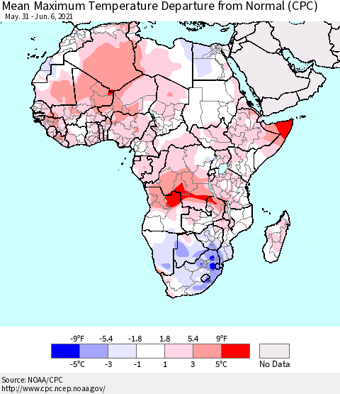 Africa Mean Maximum Temperature Departure from Normal (CPC) Thematic Map For 5/31/2021 - 6/6/2021