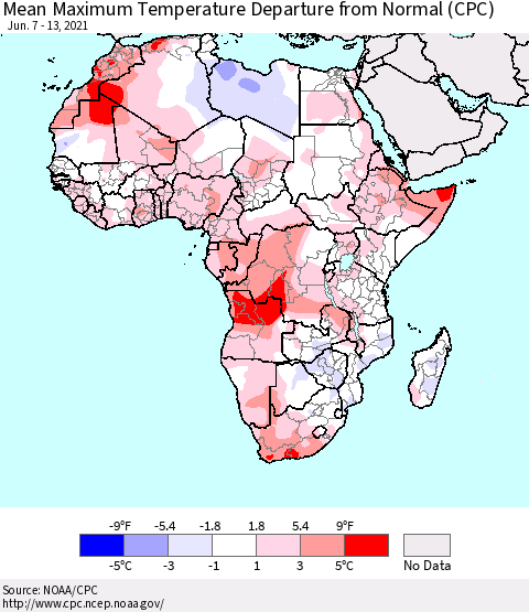 Africa Mean Maximum Temperature Departure from Normal (CPC) Thematic Map For 6/7/2021 - 6/13/2021