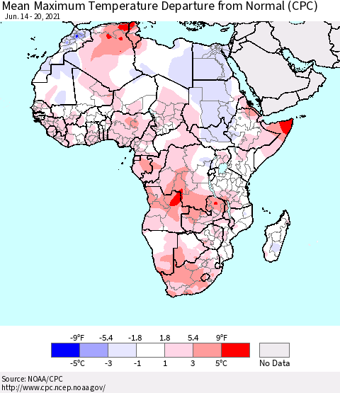 Africa Mean Maximum Temperature Departure from Normal (CPC) Thematic Map For 6/14/2021 - 6/20/2021