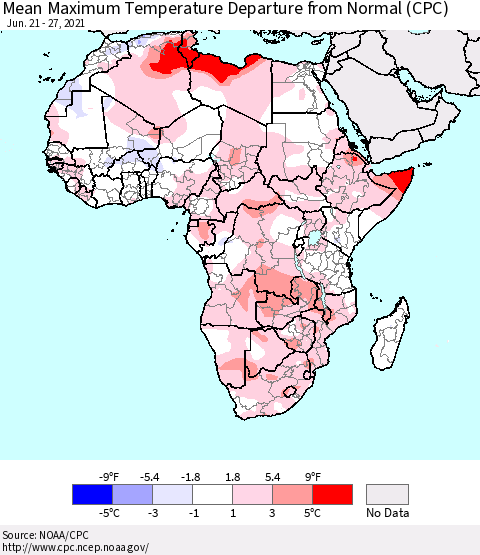 Africa Mean Maximum Temperature Departure from Normal (CPC) Thematic Map For 6/21/2021 - 6/27/2021