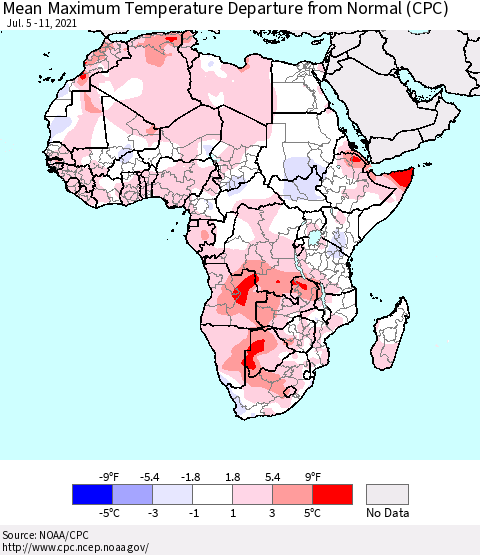 Africa Mean Maximum Temperature Departure from Normal (CPC) Thematic Map For 7/5/2021 - 7/11/2021