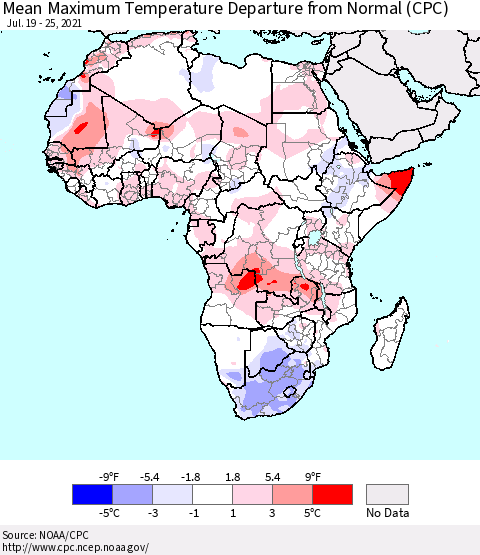 Africa Mean Maximum Temperature Departure from Normal (CPC) Thematic Map For 7/19/2021 - 7/25/2021