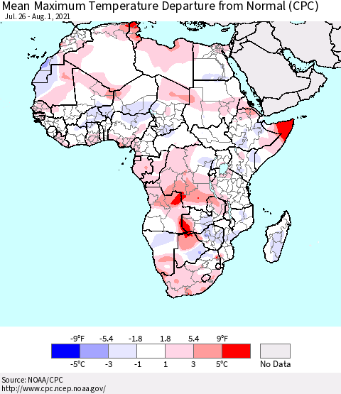 Africa Mean Maximum Temperature Departure from Normal (CPC) Thematic Map For 7/26/2021 - 8/1/2021