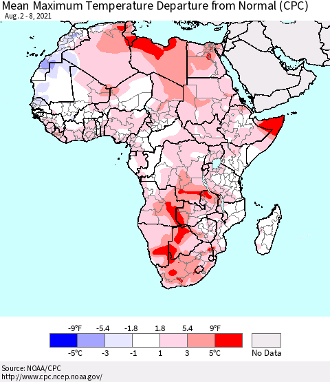 Africa Mean Maximum Temperature Departure from Normal (CPC) Thematic Map For 8/2/2021 - 8/8/2021