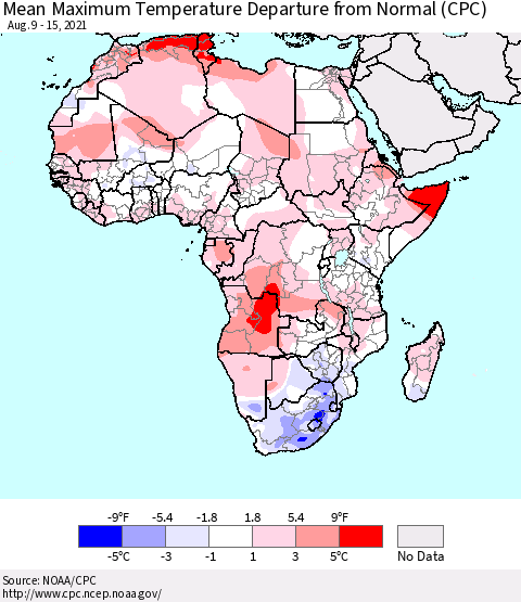 Africa Mean Maximum Temperature Departure from Normal (CPC) Thematic Map For 8/9/2021 - 8/15/2021