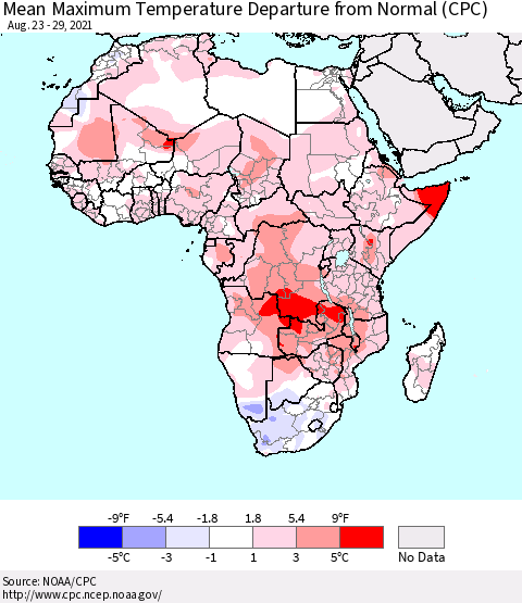 Africa Mean Maximum Temperature Departure from Normal (CPC) Thematic Map For 8/23/2021 - 8/29/2021