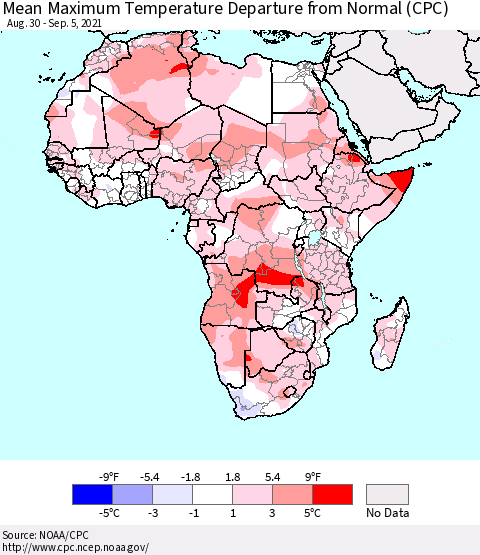 Africa Mean Maximum Temperature Departure from Normal (CPC) Thematic Map For 8/30/2021 - 9/5/2021