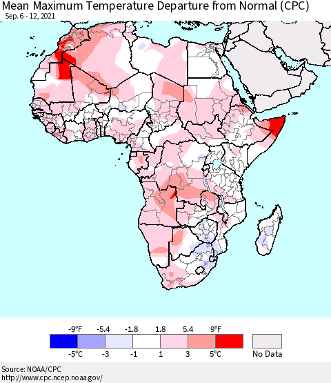 Africa Mean Maximum Temperature Departure from Normal (CPC) Thematic Map For 9/6/2021 - 9/12/2021