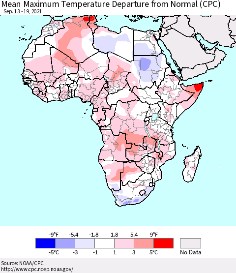 Africa Mean Maximum Temperature Departure from Normal (CPC) Thematic Map For 9/13/2021 - 9/19/2021