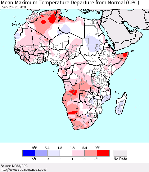 Africa Mean Maximum Temperature Departure from Normal (CPC) Thematic Map For 9/20/2021 - 9/26/2021