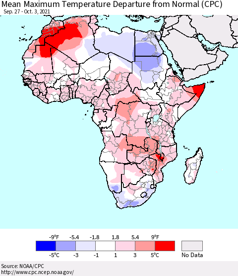 Africa Mean Maximum Temperature Departure from Normal (CPC) Thematic Map For 9/27/2021 - 10/3/2021