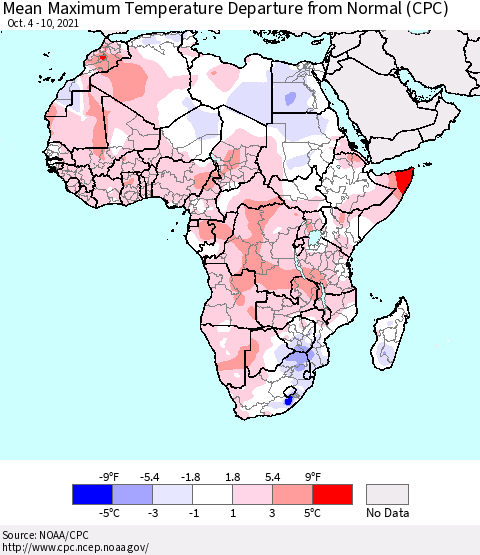 Africa Mean Maximum Temperature Departure from Normal (CPC) Thematic Map For 10/4/2021 - 10/10/2021