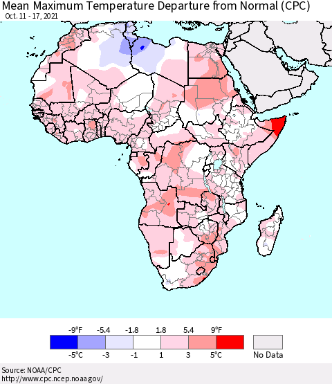 Africa Mean Maximum Temperature Departure from Normal (CPC) Thematic Map For 10/11/2021 - 10/17/2021