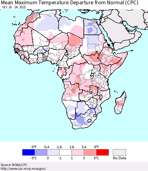 Africa Maximum Temperature Departure From Normal (CPC) Thematic Map For 10/18/2021 - 10/24/2021