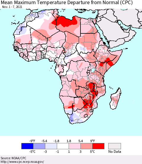 Africa Mean Maximum Temperature Departure from Normal (CPC) Thematic Map For 11/1/2021 - 11/7/2021