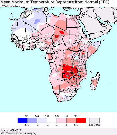 Africa Mean Maximum Temperature Departure from Normal (CPC) Thematic Map For 11/8/2021 - 11/14/2021