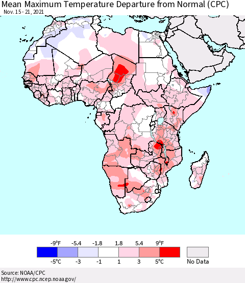 Africa Mean Maximum Temperature Departure from Normal (CPC) Thematic Map For 11/15/2021 - 11/21/2021
