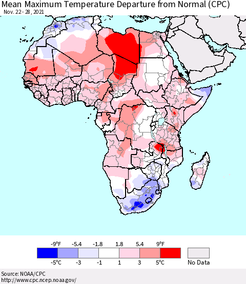 Africa Mean Maximum Temperature Departure from Normal (CPC) Thematic Map For 11/22/2021 - 11/28/2021