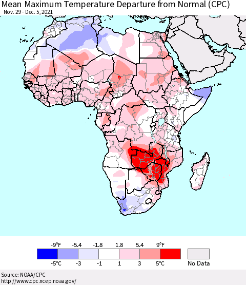 Africa Mean Maximum Temperature Departure from Normal (CPC) Thematic Map For 11/29/2021 - 12/5/2021