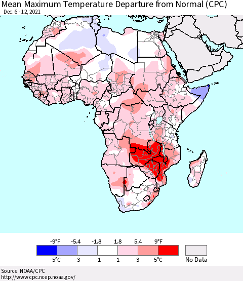 Africa Mean Maximum Temperature Departure from Normal (CPC) Thematic Map For 12/6/2021 - 12/12/2021