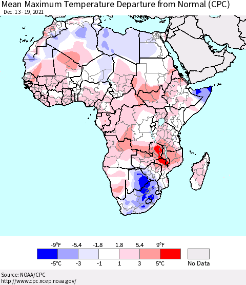 Africa Mean Maximum Temperature Departure from Normal (CPC) Thematic Map For 12/13/2021 - 12/19/2021