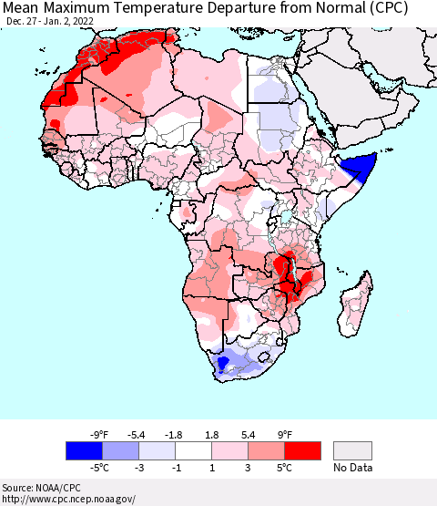Africa Mean Maximum Temperature Departure from Normal (CPC) Thematic Map For 12/27/2021 - 1/2/2022