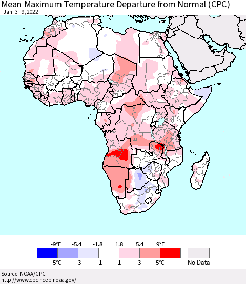 Africa Mean Maximum Temperature Departure from Normal (CPC) Thematic Map For 1/3/2022 - 1/9/2022
