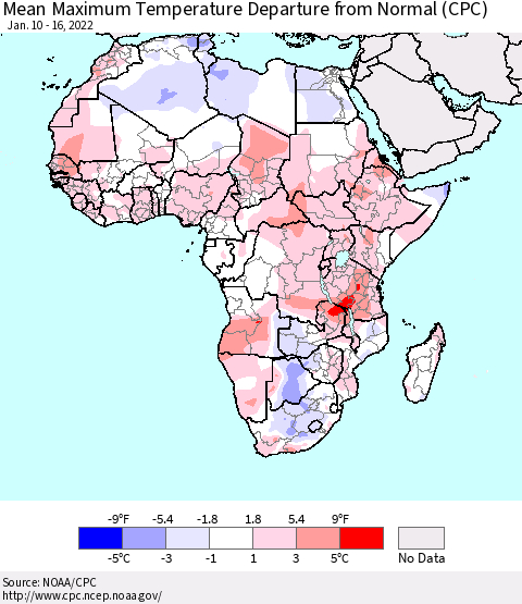 Africa Mean Maximum Temperature Departure from Normal (CPC) Thematic Map For 1/10/2022 - 1/16/2022