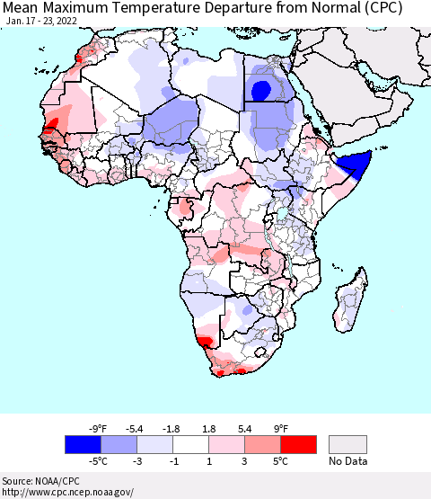 Africa Maximum Temperature Departure From Normal (CPC) Thematic Map For 1/17/2022 - 1/23/2022