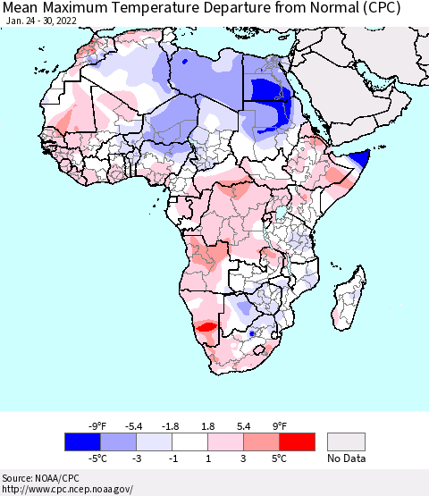 Africa Mean Maximum Temperature Departure from Normal (CPC) Thematic Map For 1/24/2022 - 1/30/2022