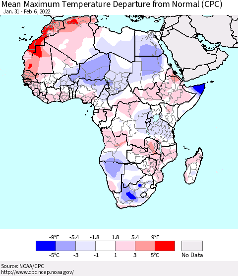 Africa Mean Maximum Temperature Departure from Normal (CPC) Thematic Map For 1/31/2022 - 2/6/2022
