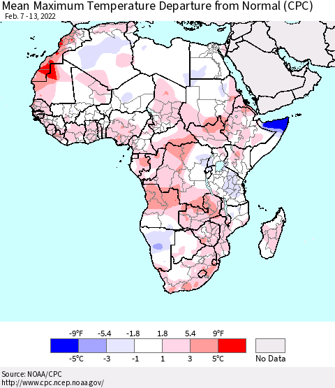 Africa Mean Maximum Temperature Departure from Normal (CPC) Thematic Map For 2/7/2022 - 2/13/2022