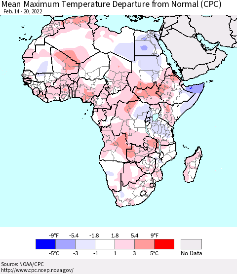 Africa Maximum Temperature Departure From Normal (CPC) Thematic Map For 2/14/2022 - 2/20/2022