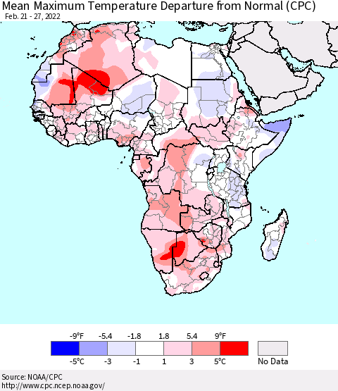 Africa Mean Maximum Temperature Departure from Normal (CPC) Thematic Map For 2/21/2022 - 2/27/2022