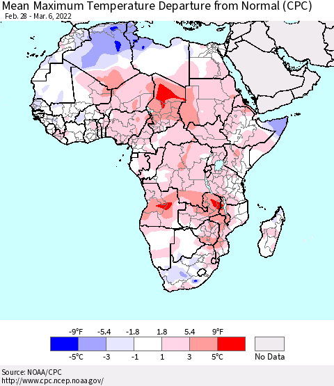 Africa Maximum Temperature Departure From Normal (CPC) Thematic Map For 2/28/2022 - 3/6/2022