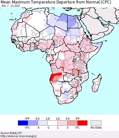 Africa Maximum Temperature Departure From Normal (CPC) Thematic Map For 3/7/2022 - 3/13/2022