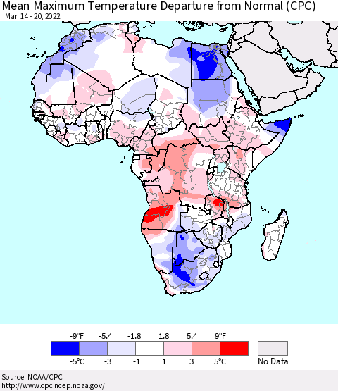 Africa Mean Maximum Temperature Departure from Normal (CPC) Thematic Map For 3/14/2022 - 3/20/2022