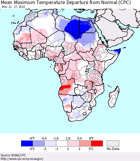 Africa Maximum Temperature Departure From Normal (CPC) Thematic Map For 3/21/2022 - 3/27/2022