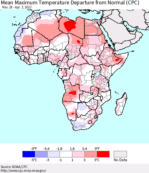 Africa Mean Maximum Temperature Departure from Normal (CPC) Thematic Map For 3/28/2022 - 4/3/2022