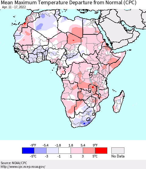 Africa Mean Maximum Temperature Departure from Normal (CPC) Thematic Map For 4/11/2022 - 4/17/2022